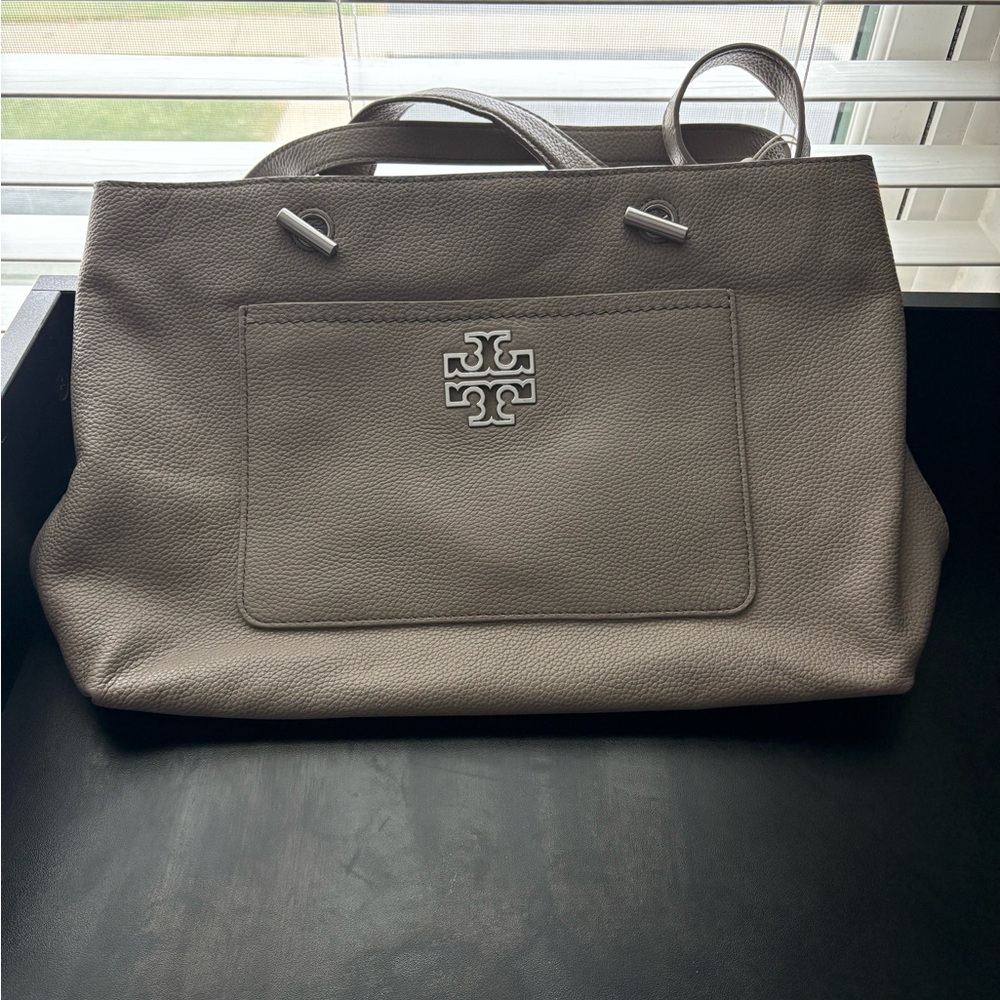 Tory Burch Taupe Pebbled Leather Logo Tote